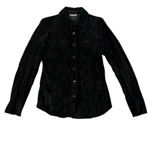 Vtg Madison Studio Black Suede Leather Embroidered Beaded Button Down Shirt M